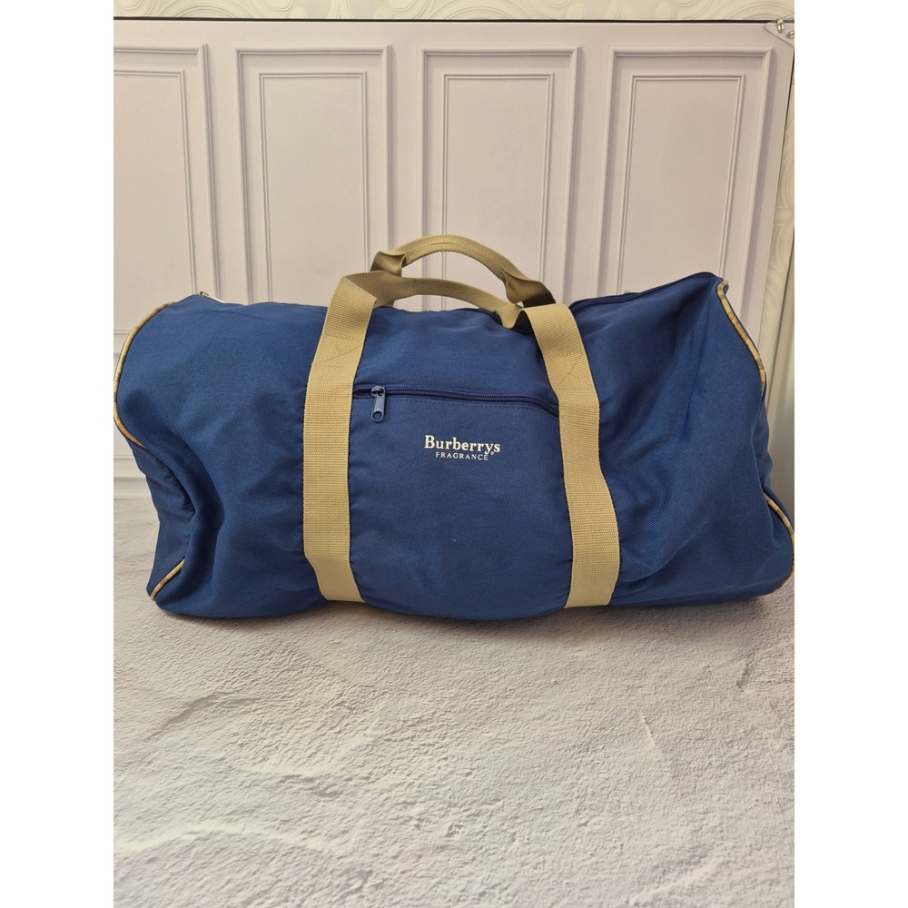 Burberrys Fragrance Blue Canvas Duffel Bag Nova Check Trim Travel Sports Gym
